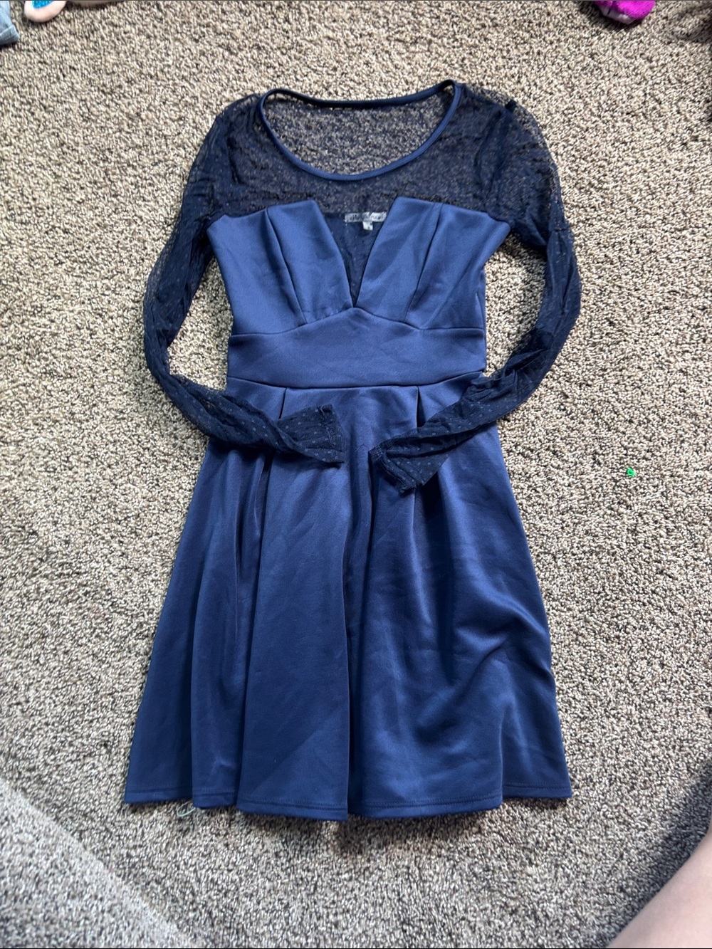 Lace Sleeve Navy Fit & Flare Dress